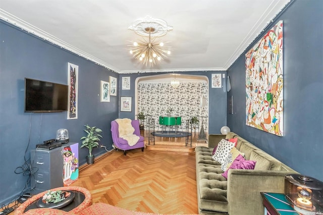 living area featuring parquet flooring, a chandelier, and ornamental molding