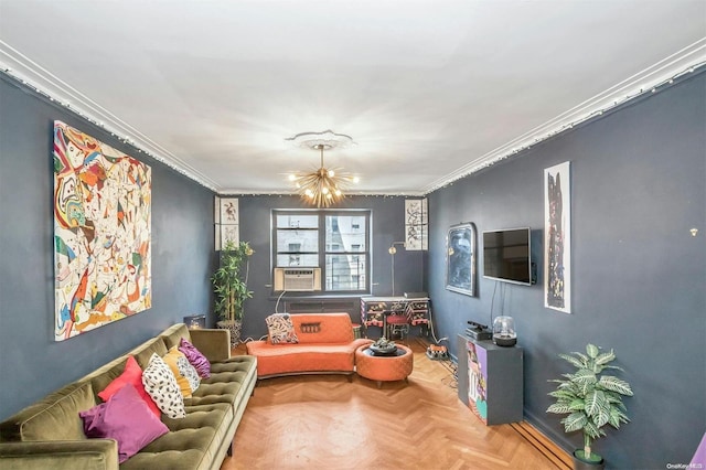 living room with parquet flooring, cooling unit, crown molding, and a notable chandelier