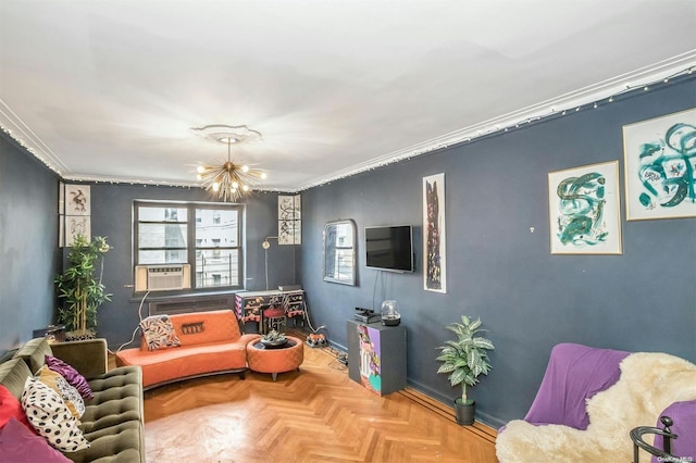 sitting room with parquet flooring, crown molding, and an inviting chandelier