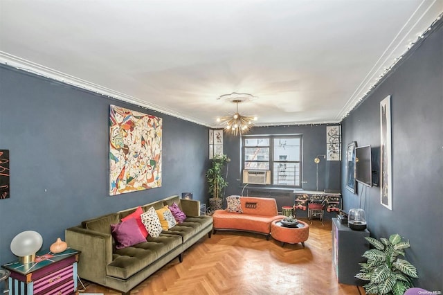 living room featuring parquet floors, ornamental molding, and an inviting chandelier