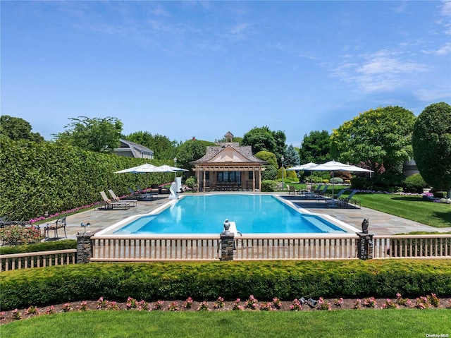 view of swimming pool with a patio area