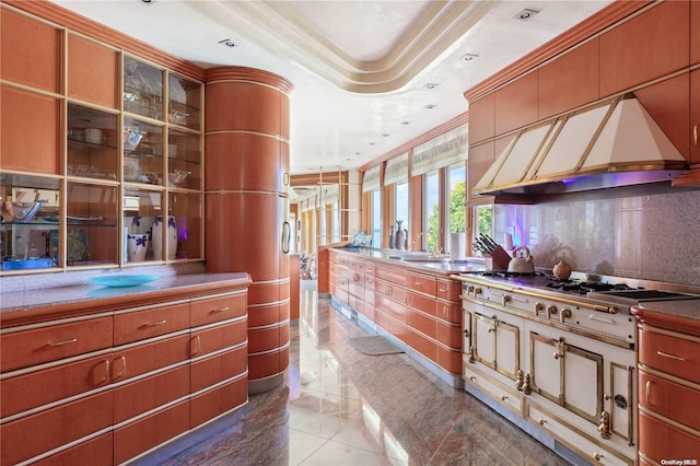 interior space featuring decorative backsplash, premium range hood, stainless steel gas stovetop, and ornamental molding