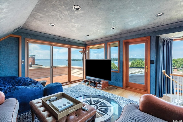 living room with wood-type flooring, vaulted ceiling, and plenty of natural light