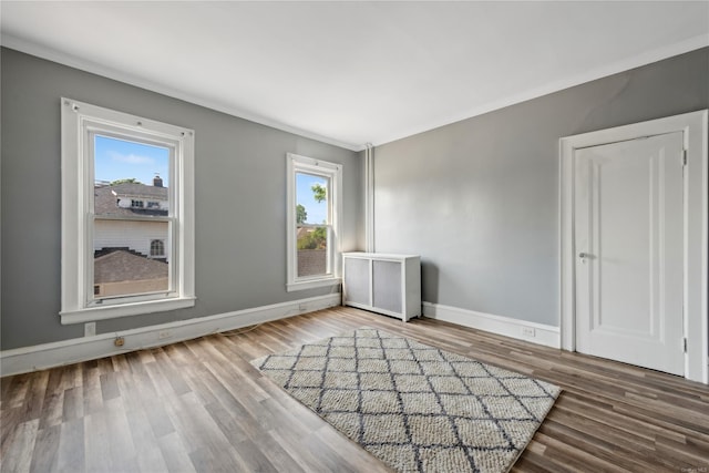 spare room featuring plenty of natural light, wood-type flooring, and crown molding