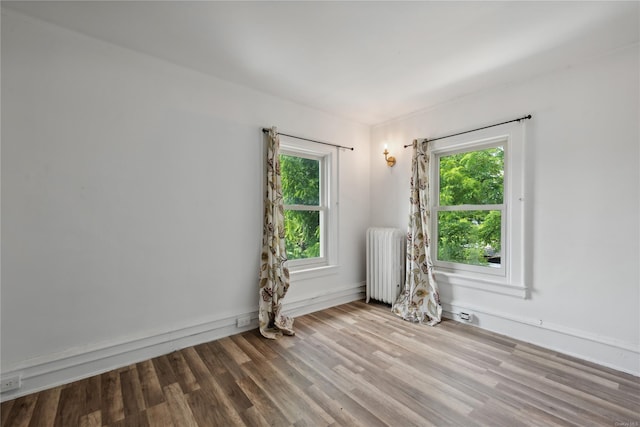 empty room featuring radiator, a healthy amount of sunlight, and light hardwood / wood-style floors