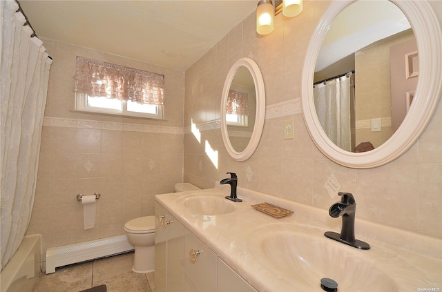 full bathroom featuring tile patterned flooring, decorative backsplash, toilet, baseboard heating, and tile walls