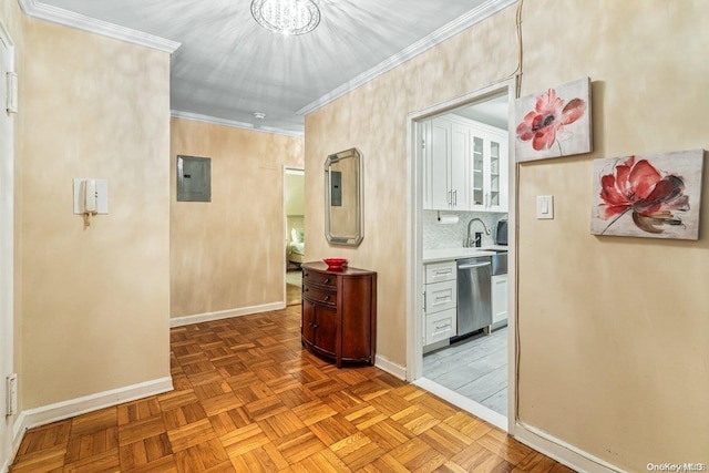 corridor with electric panel, sink, light parquet flooring, and ornamental molding