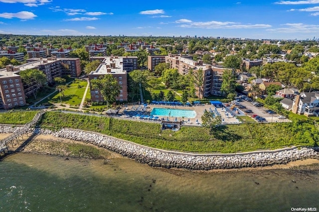 bird's eye view with a water view