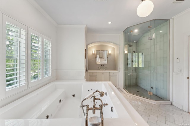 bathroom featuring vanity, shower with separate bathtub, and crown molding