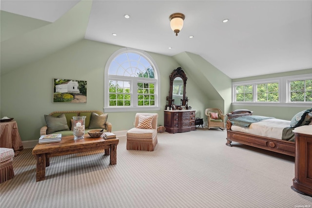 carpeted bedroom featuring lofted ceiling