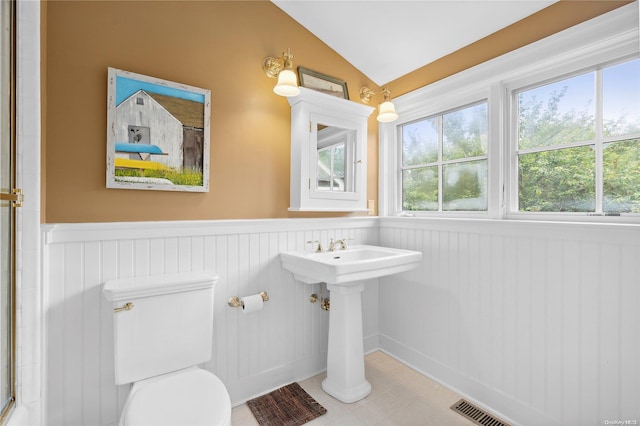 bathroom with toilet and vaulted ceiling