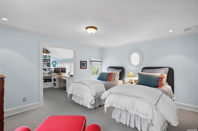 carpeted bedroom with crown molding