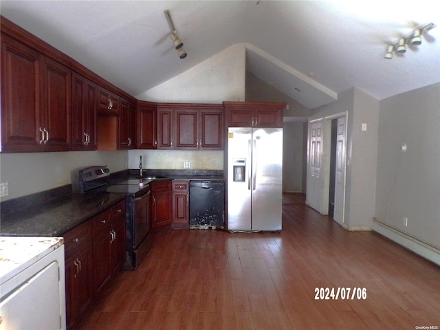 kitchen with lofted ceiling, dark wood-type flooring, black appliances, rail lighting, and baseboard heating