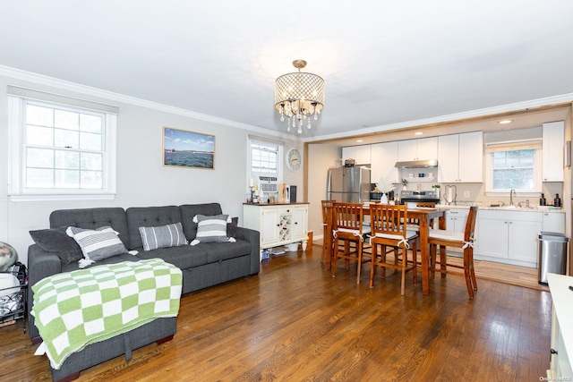 living room featuring dark wood-type flooring, a healthy amount of sunlight, and ornamental molding