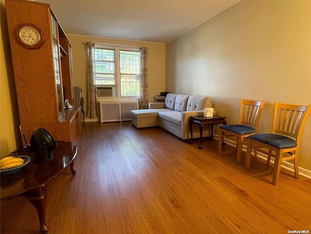 living area featuring wood-type flooring and radiator