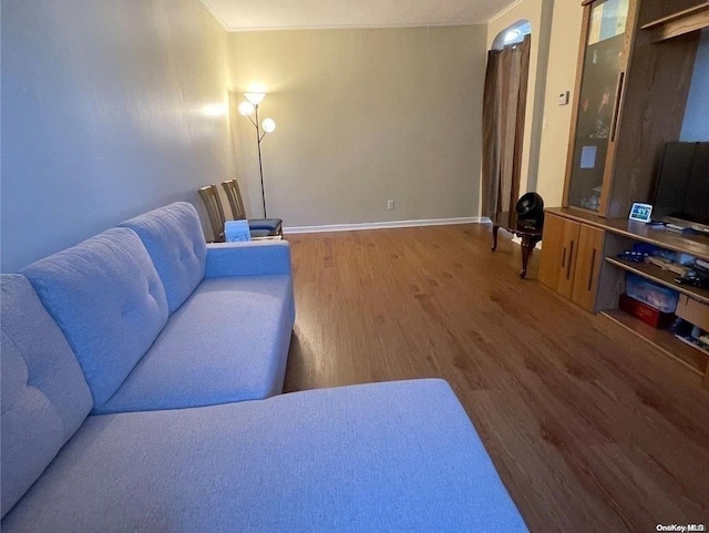 living room featuring ornamental molding and hardwood / wood-style flooring