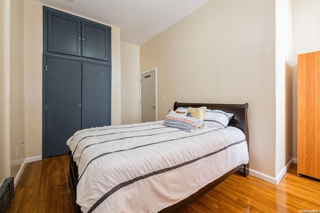 bedroom with hardwood / wood-style floors and a closet