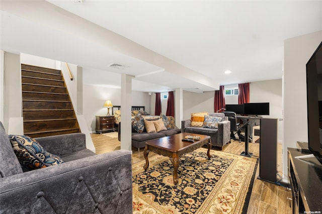 living room with light hardwood / wood-style floors