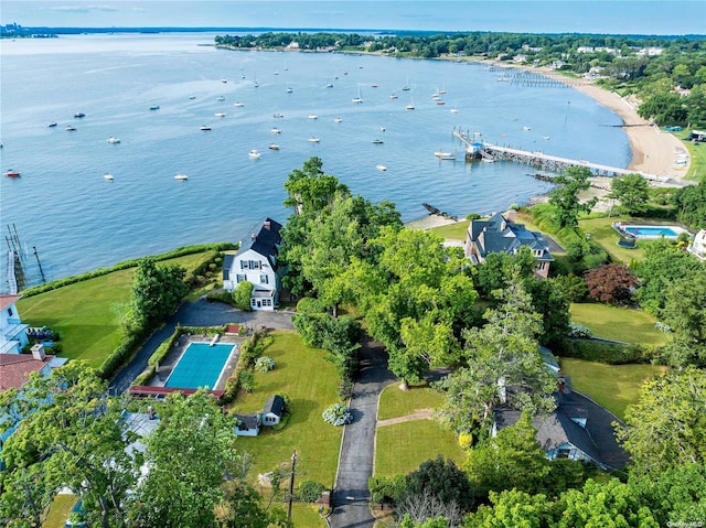 drone / aerial view featuring a water view