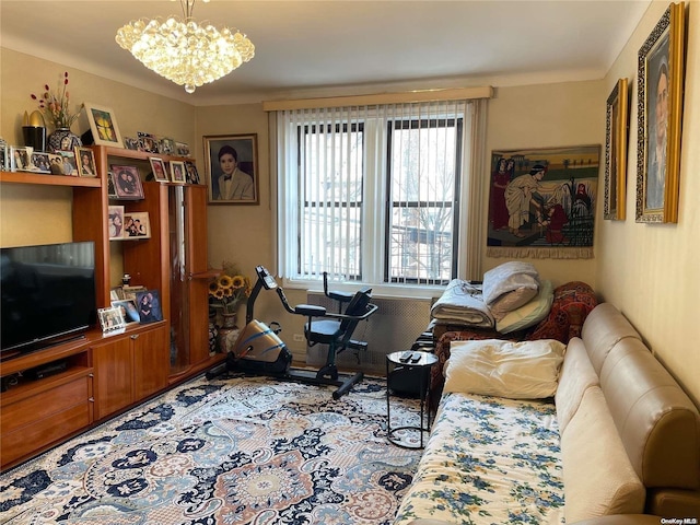 living room featuring an inviting chandelier