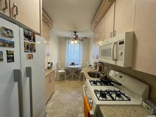 kitchen with ceiling fan, white appliances, and sink