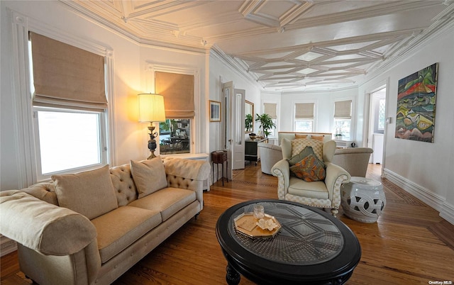 living room featuring wood-type flooring, crown molding, and coffered ceiling