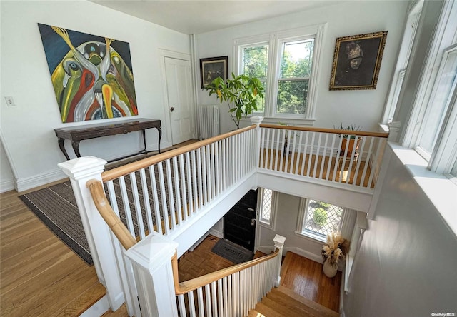 stairs with hardwood / wood-style flooring