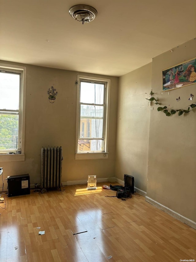 spare room with radiator, a wealth of natural light, and light hardwood / wood-style floors