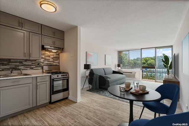 kitchen with gas range, gray cabinetry, sink, light hardwood / wood-style flooring, and decorative backsplash