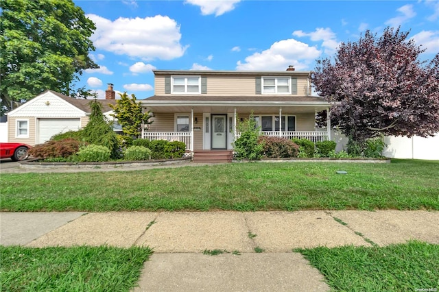 view of front of property with a porch and a front lawn