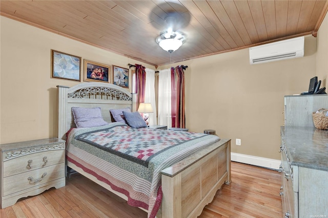 bedroom with a wall unit AC, wooden ceiling, light hardwood / wood-style floors, and ornamental molding