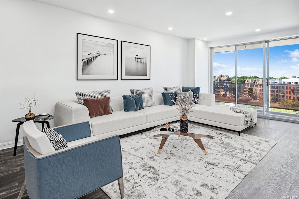 living room with a healthy amount of sunlight and dark hardwood / wood-style floors