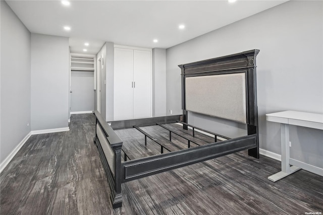 unfurnished bedroom featuring a spacious closet, a closet, and dark hardwood / wood-style floors