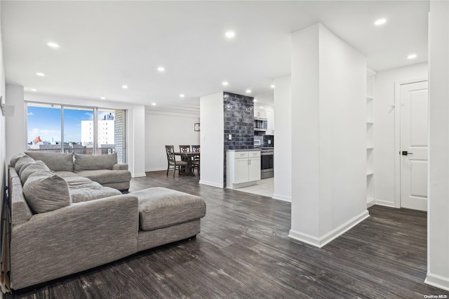 living room with dark hardwood / wood-style floors