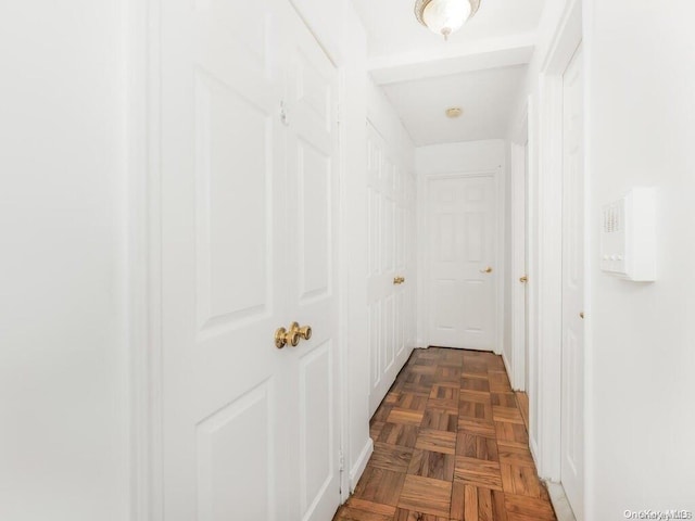 hallway with dark parquet flooring