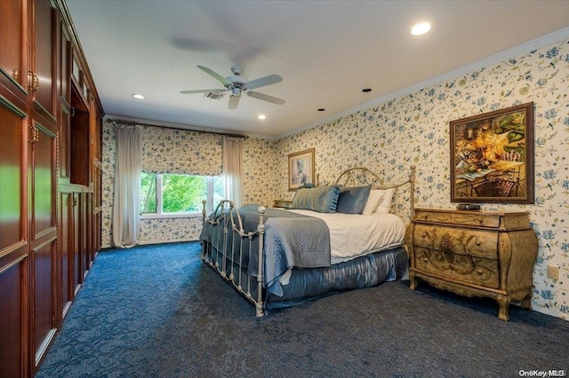 bedroom featuring ceiling fan, dark carpet, and ornamental molding