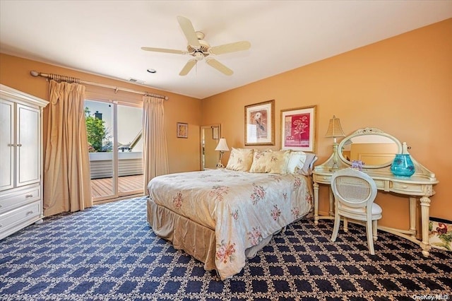 carpeted bedroom with access to outside and ceiling fan