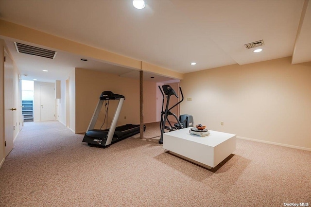 workout room featuring carpet floors