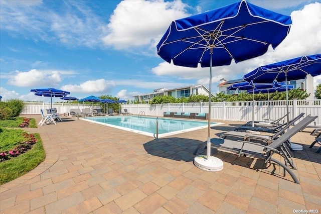 view of swimming pool featuring a patio area