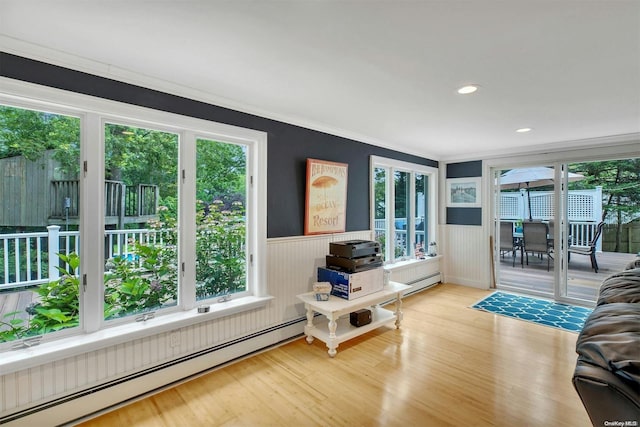 interior space featuring a healthy amount of sunlight, crown molding, a baseboard radiator, and light hardwood / wood-style flooring