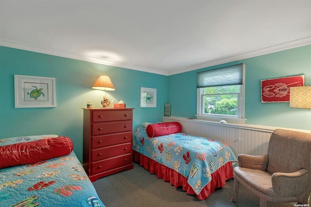 carpeted bedroom featuring ornamental molding