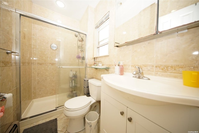 bathroom featuring an enclosed shower, toilet, and tile walls