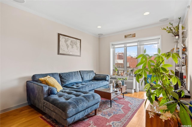 living room featuring light hardwood / wood-style floors and ornamental molding