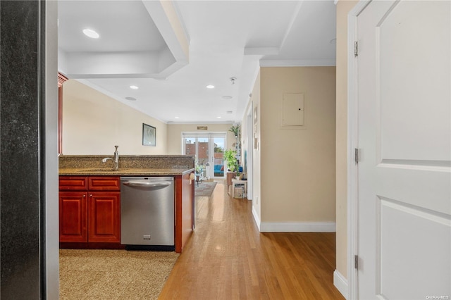 kitchen with sink, dishwasher, ornamental molding, and light hardwood / wood-style flooring