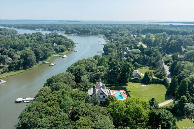 drone / aerial view featuring a water view