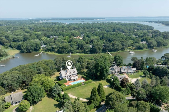 aerial view featuring a water view