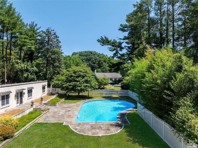 view of swimming pool featuring a patio and a lawn