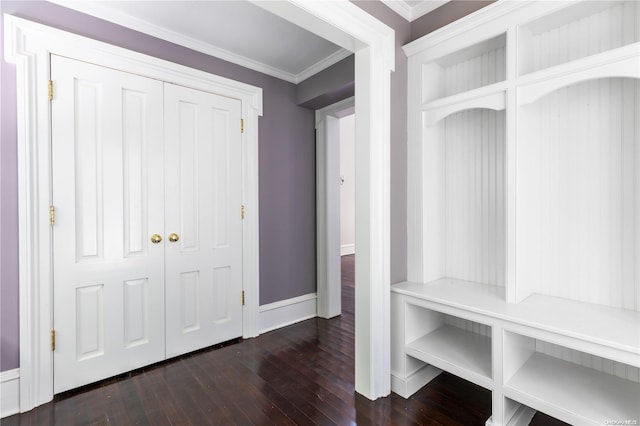 mudroom featuring crown molding and dark hardwood / wood-style floors