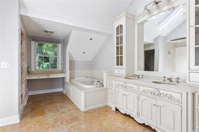 bathroom with vanity, plus walk in shower, and vaulted ceiling