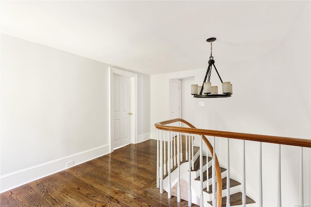 corridor with dark hardwood / wood-style floors and an inviting chandelier